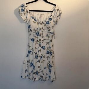 White Floral Button-Front Mini Dress with Blue Roses